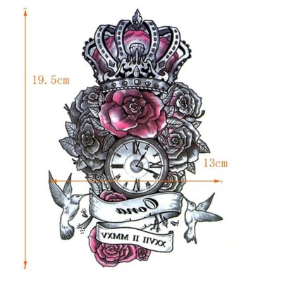 Koruna - ruže - hodiny - vtáky - farebné dočasné tetovanie (4)